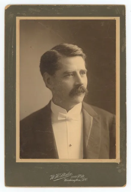 Antique c1900s Large Cabinet Card Handsome Man Mustache Bow Tie Washington, DC