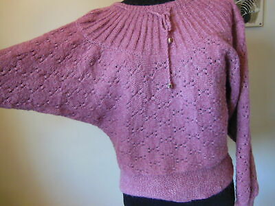 PUR VINTAGE  pull vieux rose laine manches chauve souris B1