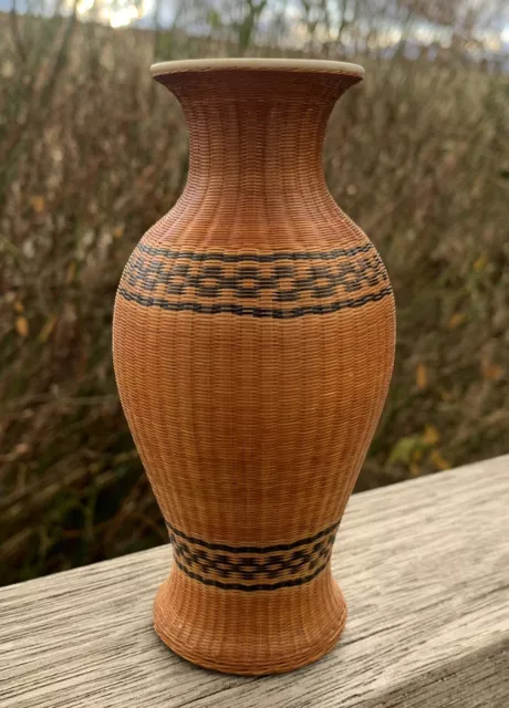 Vintage Wicker Encased Ceramic Vase Finely Weaved Chinese Asian Mid Century 14cm