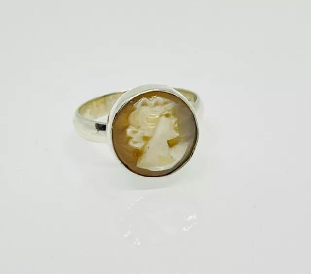 Gorgeous Vintage Real Carved Shell Cameo Ring 925 Silver Size J1/2~K #16777