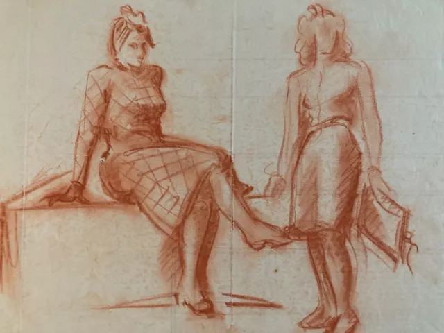 Hermoso Dibujo Carboncillo Sobre Papel Mujer Sentada 50 Arte Antiguo
