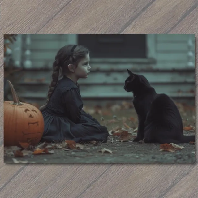 POSTCARD Girl Black Cat Weird Creepy Pet Old Vibe Unusual Cute Scary Strange Fun