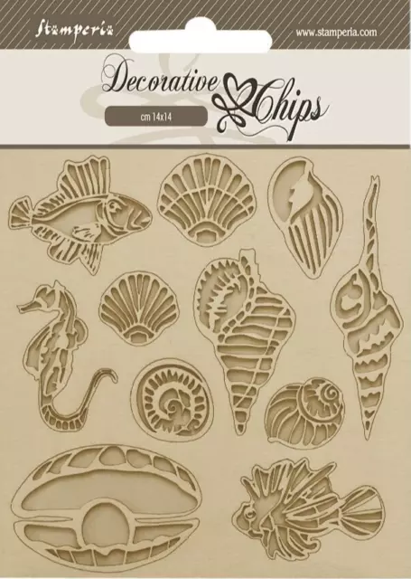 Stamperia DECORATIVE CHIPS - 5.5" x 5.5" - SONGS OF THE SEA - SHELLS AND FISH