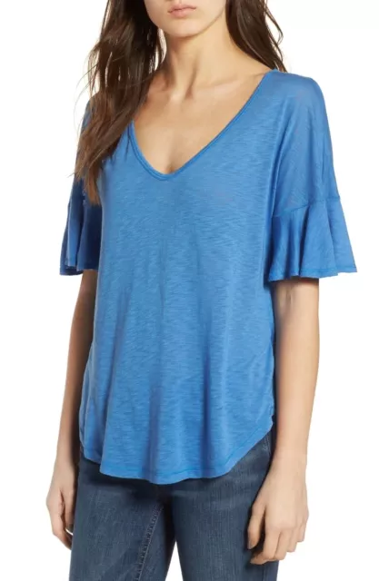 Splendid 171658 Womens Cotton Blend V-Neck Ruffle Sleeve Tee Blue Size Small