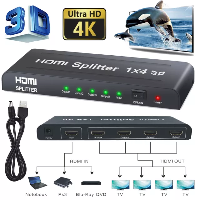 Ultra HD HDMI Splitter Amplifier Duplicator 4 Way 1x4 Hub 1 in 4 out 3D 4K 2K