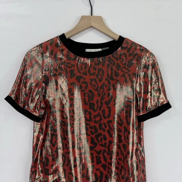 Alice + Olivia Top Small Red Black Animal Print Sheer Metallic Cocktail Party 2
