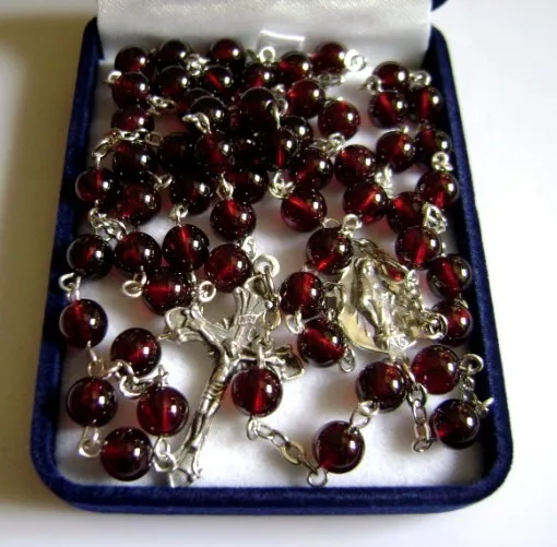 Sterling 925 Silver Rare Garnet Gemstone Beads CATHOLIC ROSARY NECKLACE CROSS