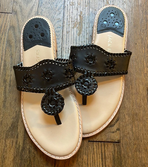 Jack Rogers Women's Palm Beach Flat Sandals, Black With Patent, Size 10 M US