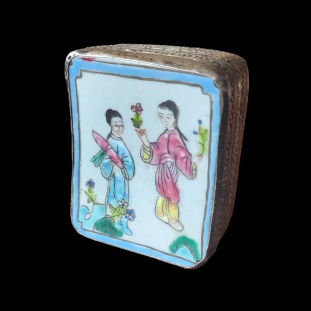 Antique Chinese Silverplate Copper Hand Painted Porcelain Filigree Shard Box
