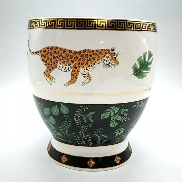 Lynn Chase "Jaguar Jungle" Ceramic Waste Basket, Black/Gold Botanical, 8"X7"X10"