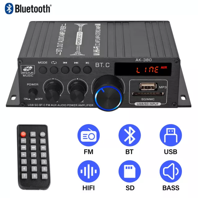 12V Bluetooth Amplifier Digital Stereo FM Audio HiFi Power Amplifier Remote