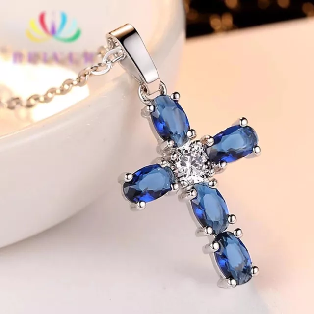 Women Lab-Sapphire Blue CZ Cubic Crystal Cross Small Silver Pendant Necklace 153
