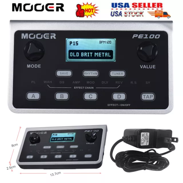 MOOER PE100 LCD Guitar Pedal Multi Effects Processor 39 Effects 40 Drum Patterns