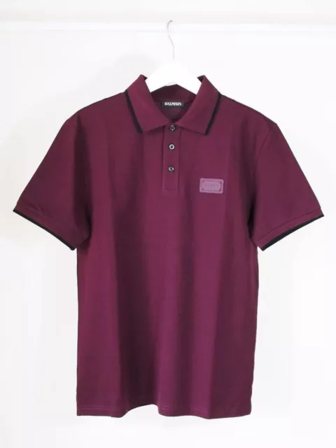 Balmain Polo Shirt Burgundy Cotton Logo Plate Leather Sz M 52Cm