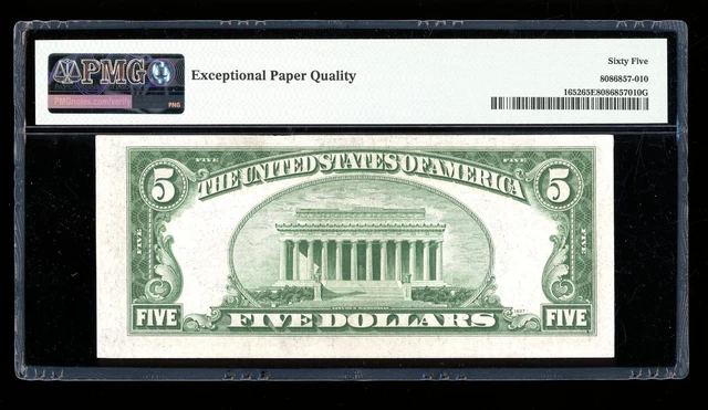 DBR 1934-B $5 Silver Fr. 1652 Vinson Gem LA Block PMG 65 EPQ Serial L30863296A 2