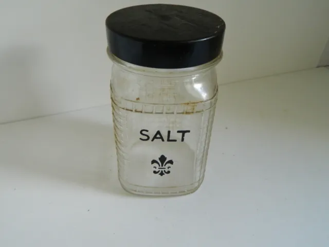 Vintage Depression Glass Salt 5993 Metal Lid Waffle Hooiser Cabinet Jar