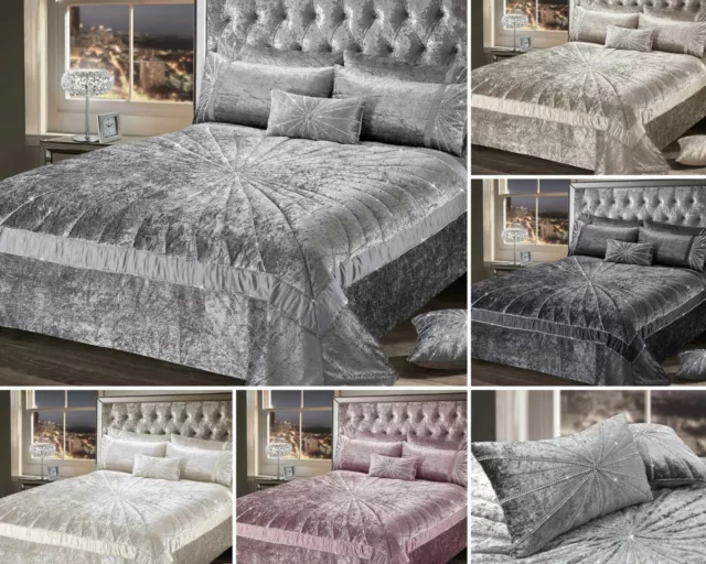 Luxury Crushed Velvet Quilted Diamante Bedspread Comforter Single Double King
