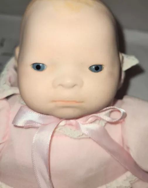 Vintage Porcelain Bisque Doll Pink Gown Slip and Hat Knit Booties Cloth Body