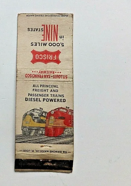 1940's Matchbook. Frisco Lines Railroad. Diesel Locomotives Illus. Route Map .