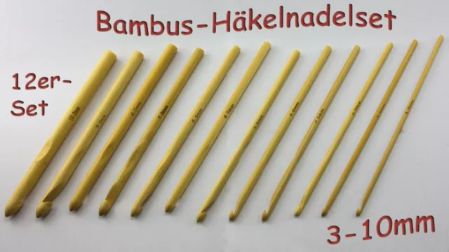 Häkelnadel Set 12 Stück Bambus Stärke Größe 3 - 10mm 15cm lang Häkelnadeln