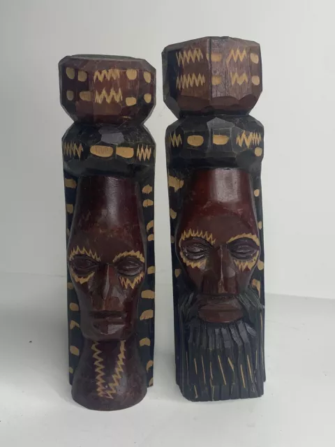 Pair Genuine Hand Carved Jamaican Wooden Tiki Totem Head Figurines Tiki Decor
