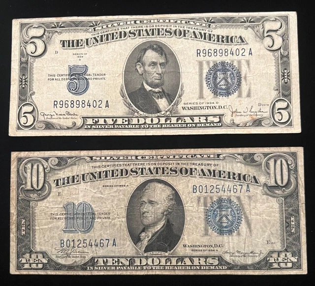 1934 $5 Five & $10 Ten Dollar Silver Certificate Federal Reserve Notes