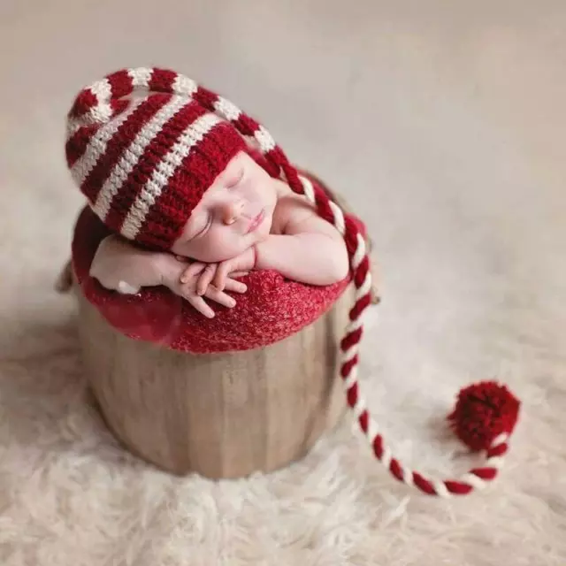 Baby knitting Long Tails Christmas Hat Newborn Photography Props  Stripe Crochet 2