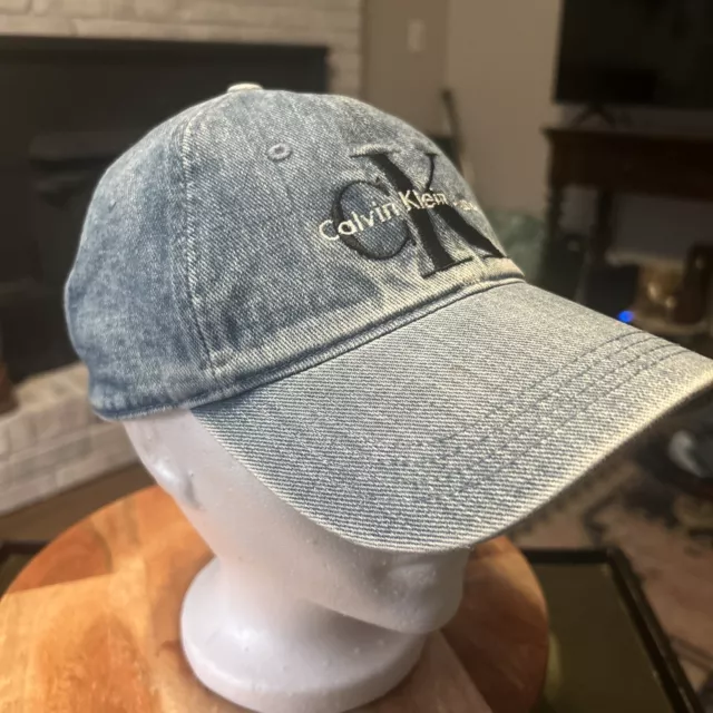 CK Calvin Klein Denim Hat Cap 90s Y2K VTG Style O/S Wash Blue Jean 3