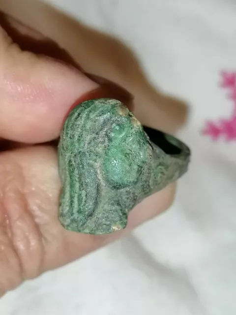 Ancient Roman Bronze Bust Finger Ring (Approx 200-400  Ad.).