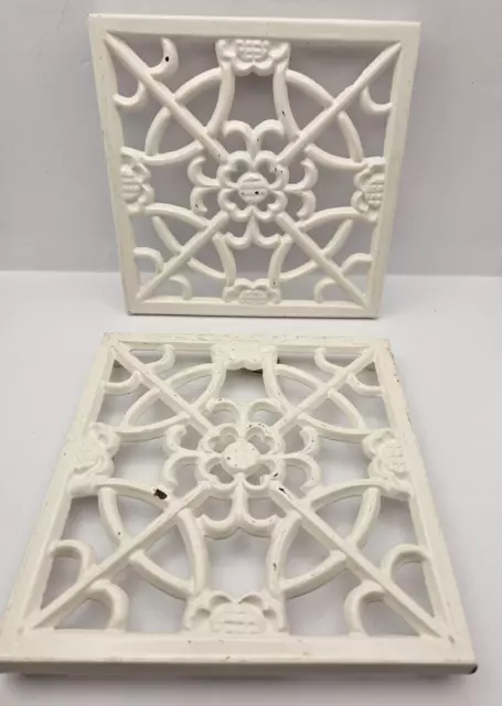 Cast Iron White Enamel Trivets Set of Two Square French Farmhouse Floral Design