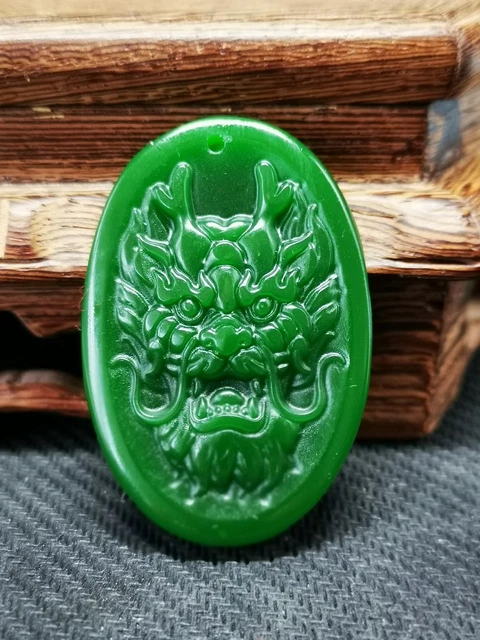 Perfect High-grade Chinese Green Jade Precision Carved Dragon Head Pendant F10