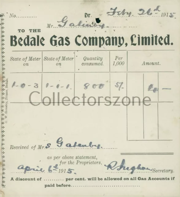 1915 Bedale Gas Company invoice Gas bill 12 x 12 cm's