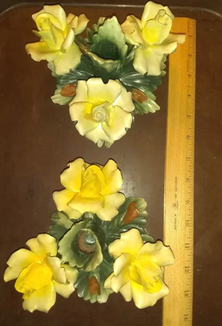 VTG 6"W Capodimonte Porcelain Yellow Rose Flower Candle Stick Holder Set Italy