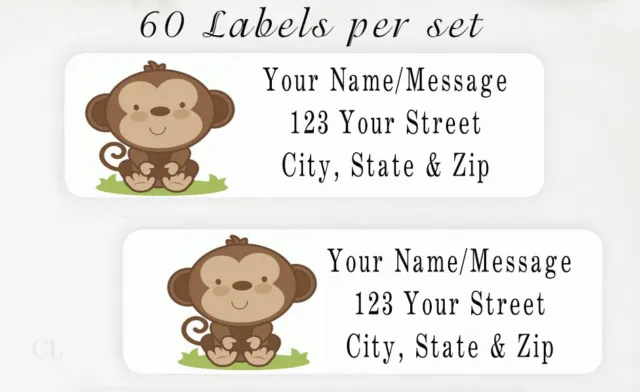 60 Personalized Return Address Labels 2/3" x 1 3/4" - Baby Shower Safari Monkey