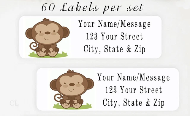 60 Personalized Return Address Labels 2/3" x 1 3/4" - Baby Shower Safari Monkey