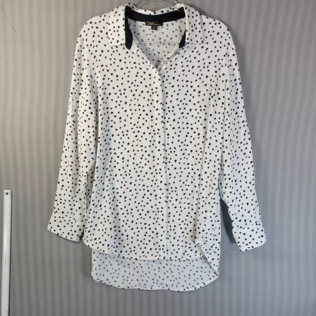 dalia womens button front top size XL long sleeve hi low black and white hearts