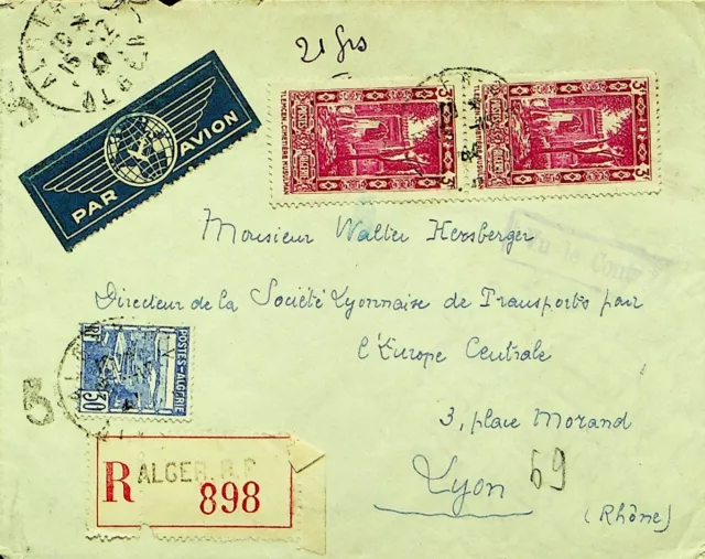 ALGERIA PAIR+ 30c ON ALGER REGD AIRMAIL COVER TO LYON FRANCE