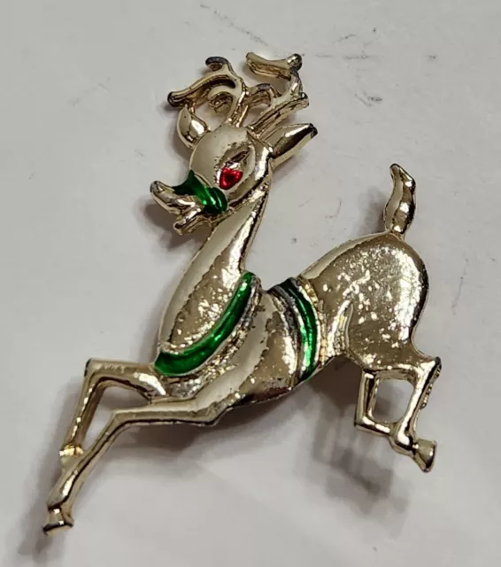 Vintage Gold Tone Red Green Enamel Reindeer Brooch Lapel Pin
