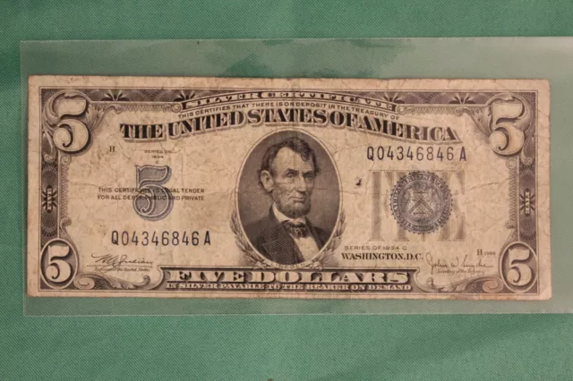 1934-C Five Dollar Silver Certificate $5 Bill Blue Seal Note Circulated
