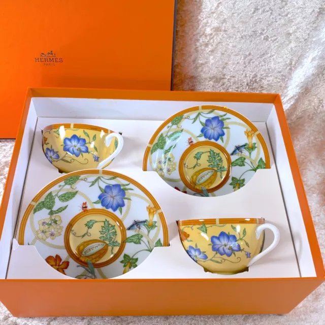 2 x Hermes Porcelain Siesta Chinese Style Tea Cup Saucer Tableware Yellow  w/Box