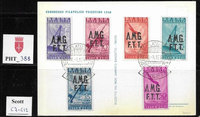 PHT_388. TRIESTE FTT. 1947 FDC card w. CINQUANT. RADIO air mail set. Scott C7-C1