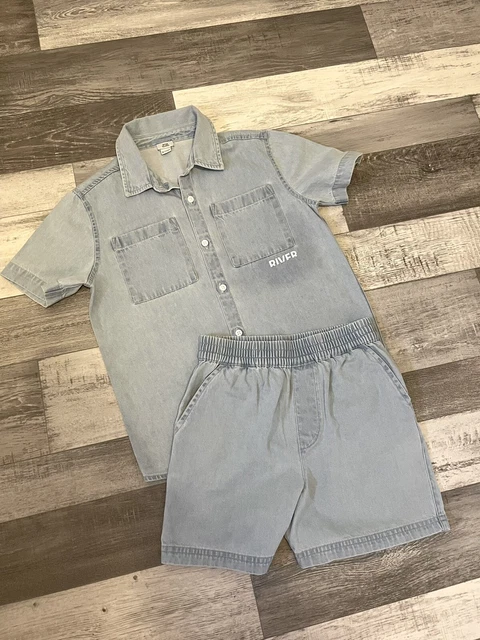 Boys River Island blue denim outfit shirt and shorts co ord 9-10 years