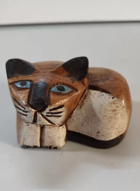 Folk Art Cat Hand Carved Hand Painted Wood Kitten Figurine Display