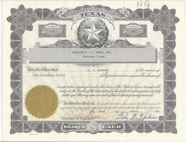 1966 REFLECT-O-RING,  INC. Stock Certificate Houston TEXAS Headlight Safety