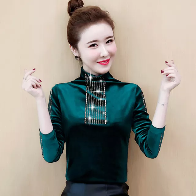 Donna Velluto Camicia Slim Al Sedere Top Maglia Dolcevita Manica Lunga Pullover,