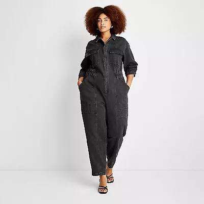 Women's Long Sleeve Denim Jumpsuit - Universal Thread Washed Black 17