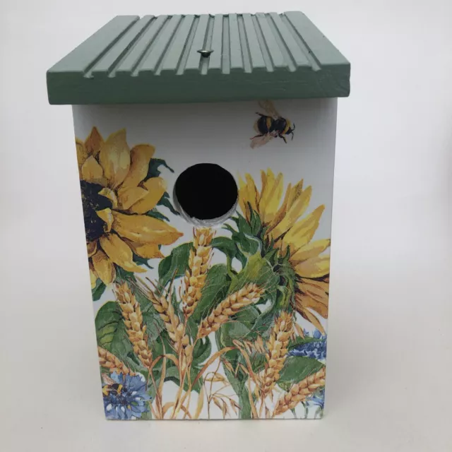 Wooden Bird Box - House Nesting Box - Sunflowers & Bees Design