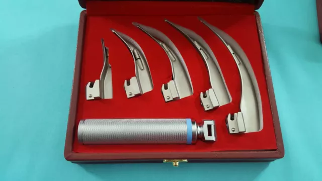 Set Of 5 Laryngoscope Macintosh Mac Intubation Blades + Medium Handle Anesthesia