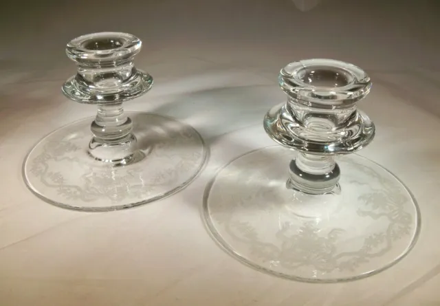 Fostoria Glass Co. Romance Crystal #2324 4" Tall Pair One-Lite Candle Holders!