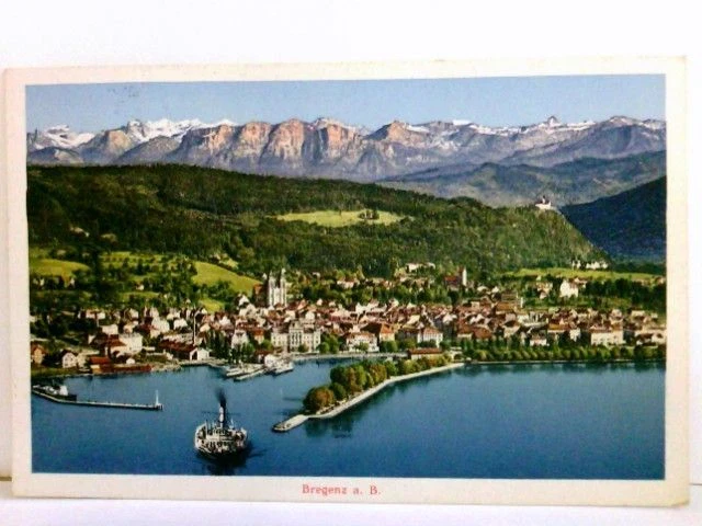Bregenz am Bodensee. Seltene AK farbig. Ortsansicht, Hafen, Schiff, Panoramablic